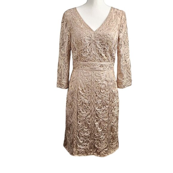 Sue Wong New Lace V Neck Three Quarter Sleeve Lined Beige Cocktail Sheath Dress - Picture 2 of 15